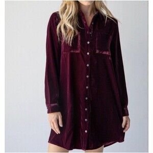 Natural Life Rocky Velvet Shirt Dress Womens L Cranberry Button Front Whymsigoth